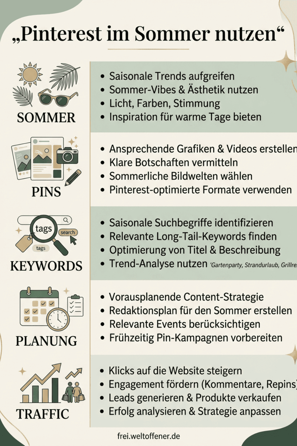 Sommerlicher Pinterest Aufbau mit Laptop Kaffee und Notizbuch