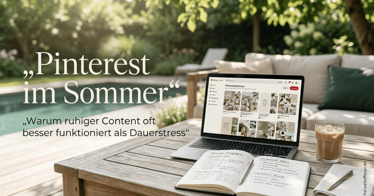 Sommerlicher Arbeitsplatz mit Laptop und Pinterest Planung