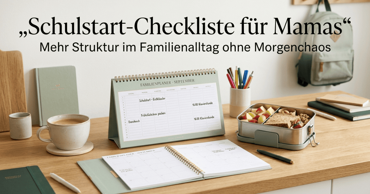 Ruhiger Septembermorgen mit Laptop, Kaffee und Schulmaterial auf einem Tisch