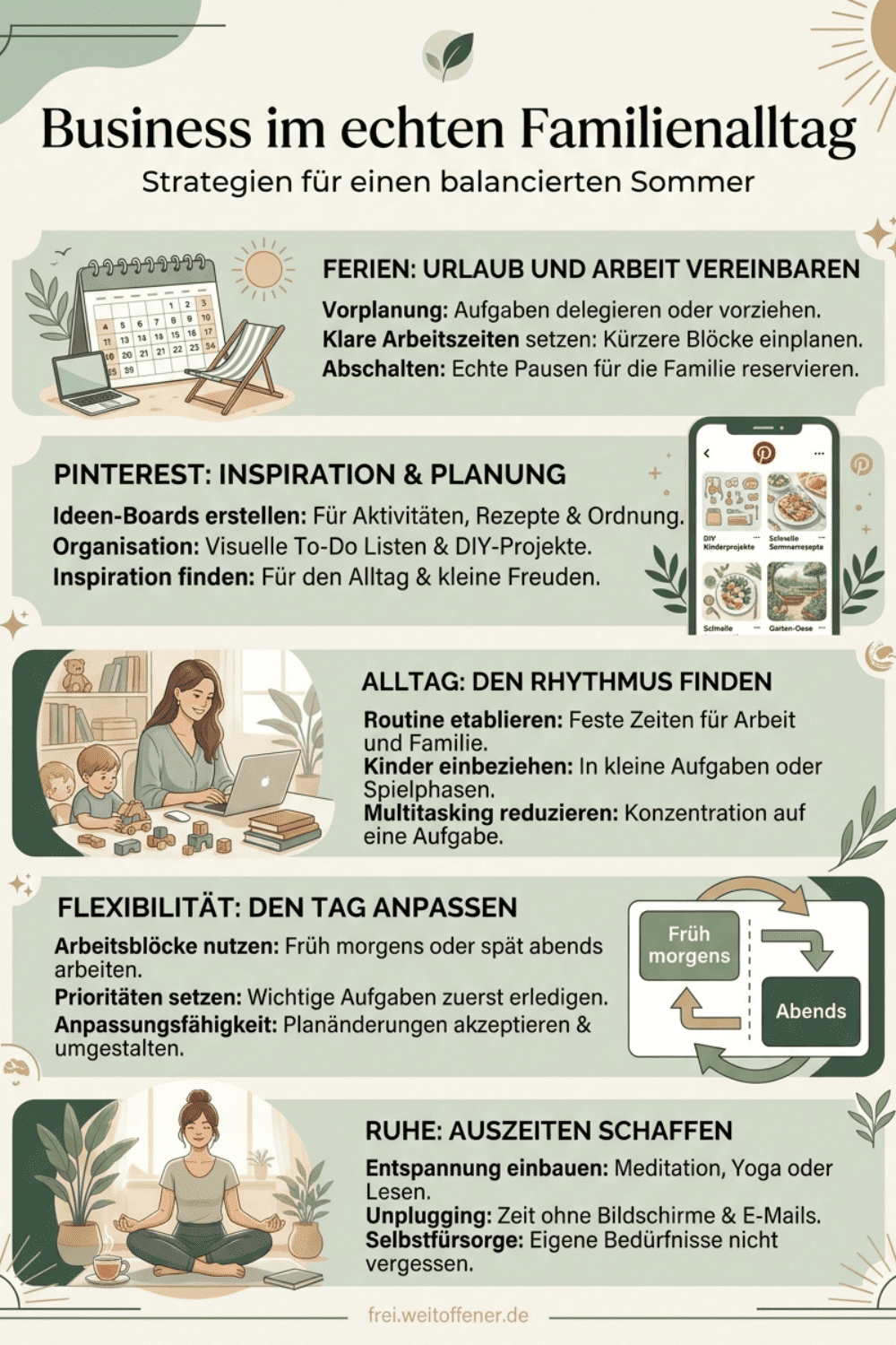 Sommerferien Alltag mit Laptop, Kinderzeichnungen und Kaffee am Küchentisch