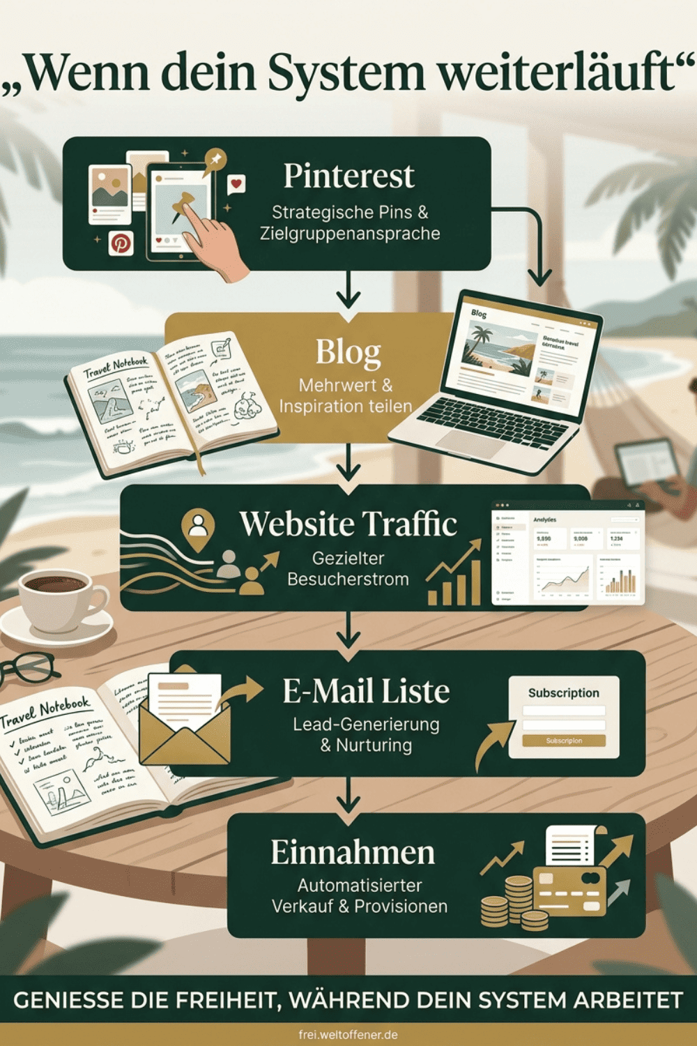 Ruhiges Reisen mit Notizbuch, Kaffee und entspanntem Online-Business im Hintergrund